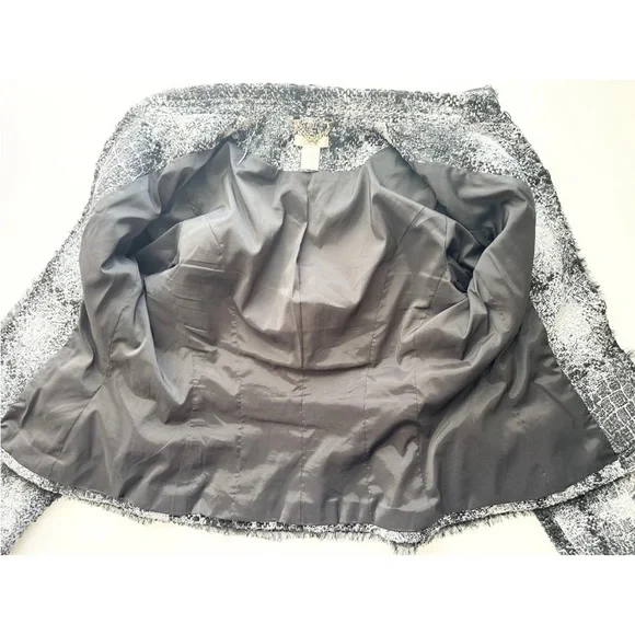 Cache' 6 Tweed Blazer Lined Clasp Closure Chiffon Trim Black White Silver Flat - Picture 7 of 11